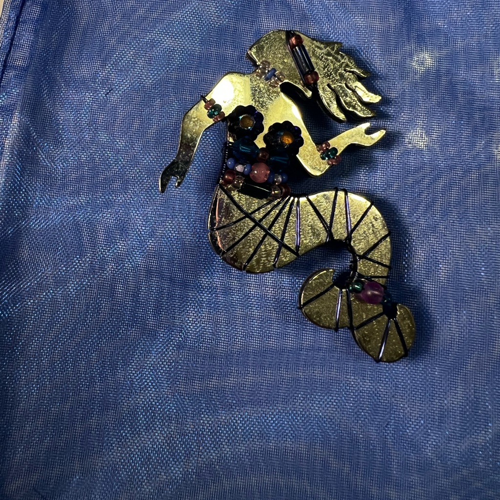 Liz Tech Mermaid Signed Brooch In Silver And Blue 2” Preowned